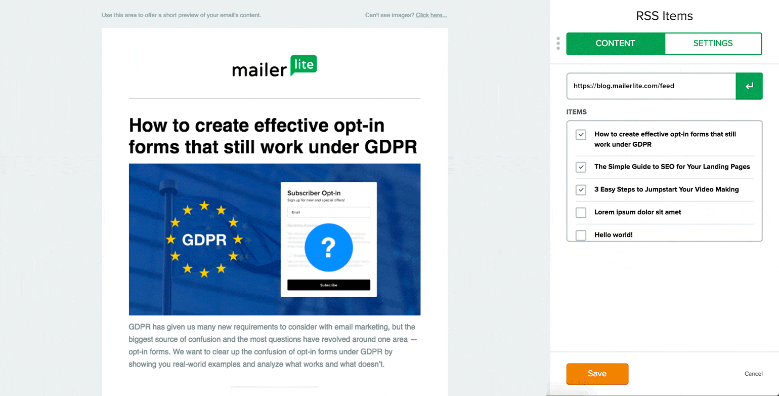 MailerLite / RSS design options 