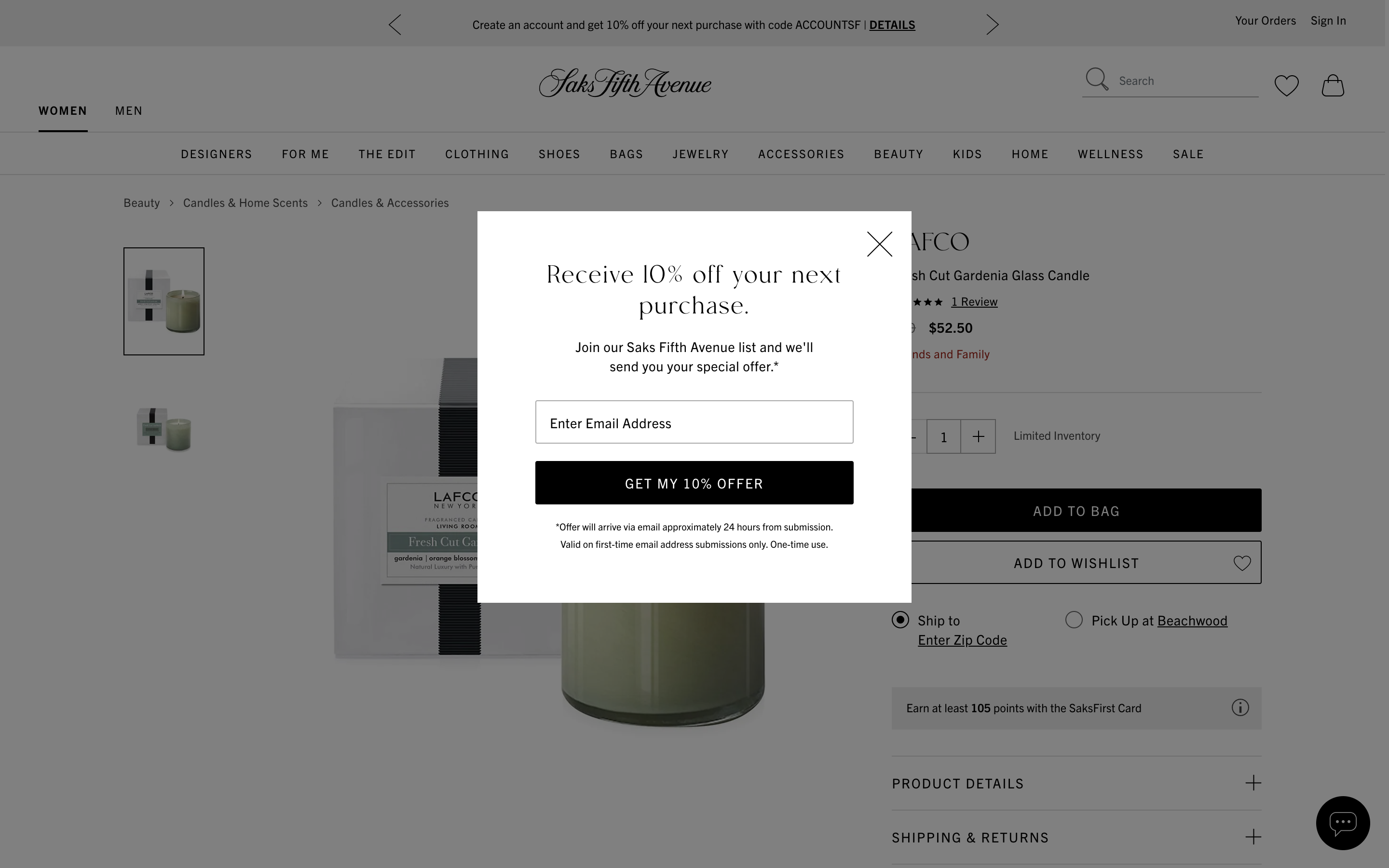 Discount email coupon example from Saks Fifth Avenue