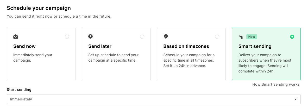 MailerLite schedule your campaign options including Smart sending