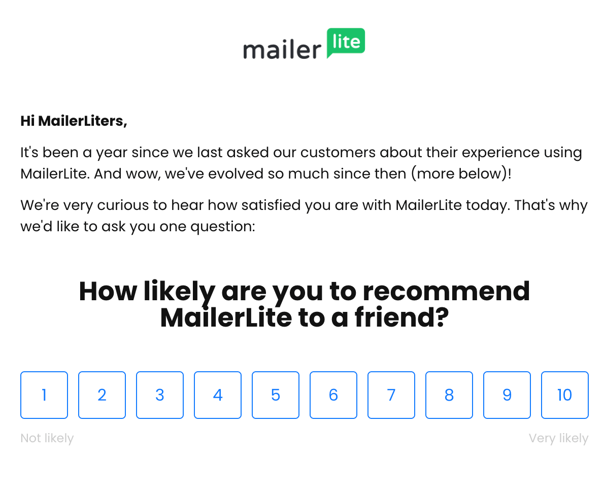 MailerLite NPS email survey how likely are you to recommend us 1 10 scale score