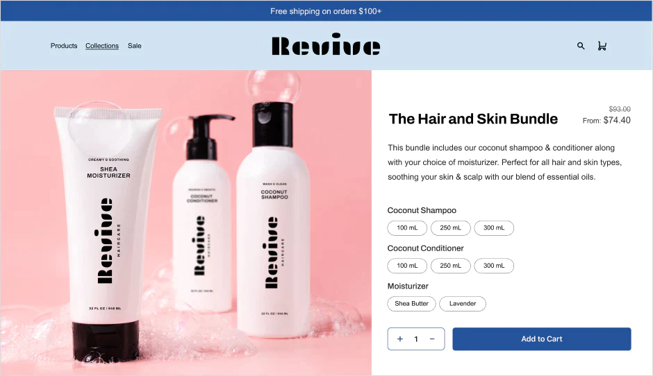 An example of the Shopify Bundles plugin on a website showing different upsell options for shampoo. 