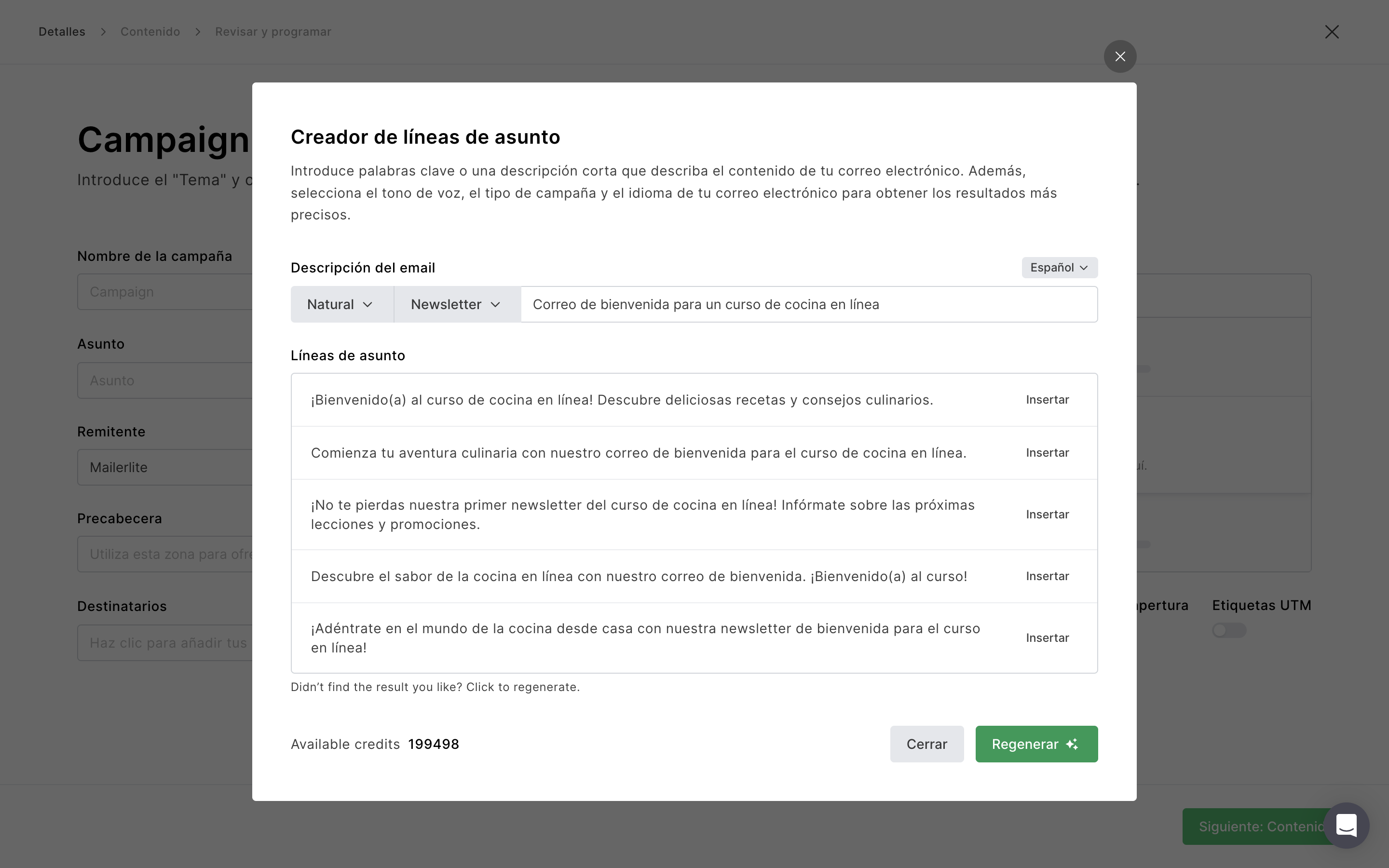 Captura de pantalla del generador de líneas de asunto de MailerLite que muestra 5 líneas de asunto generadas por IA para dar la bienvenida a un curso de cocina en línea.