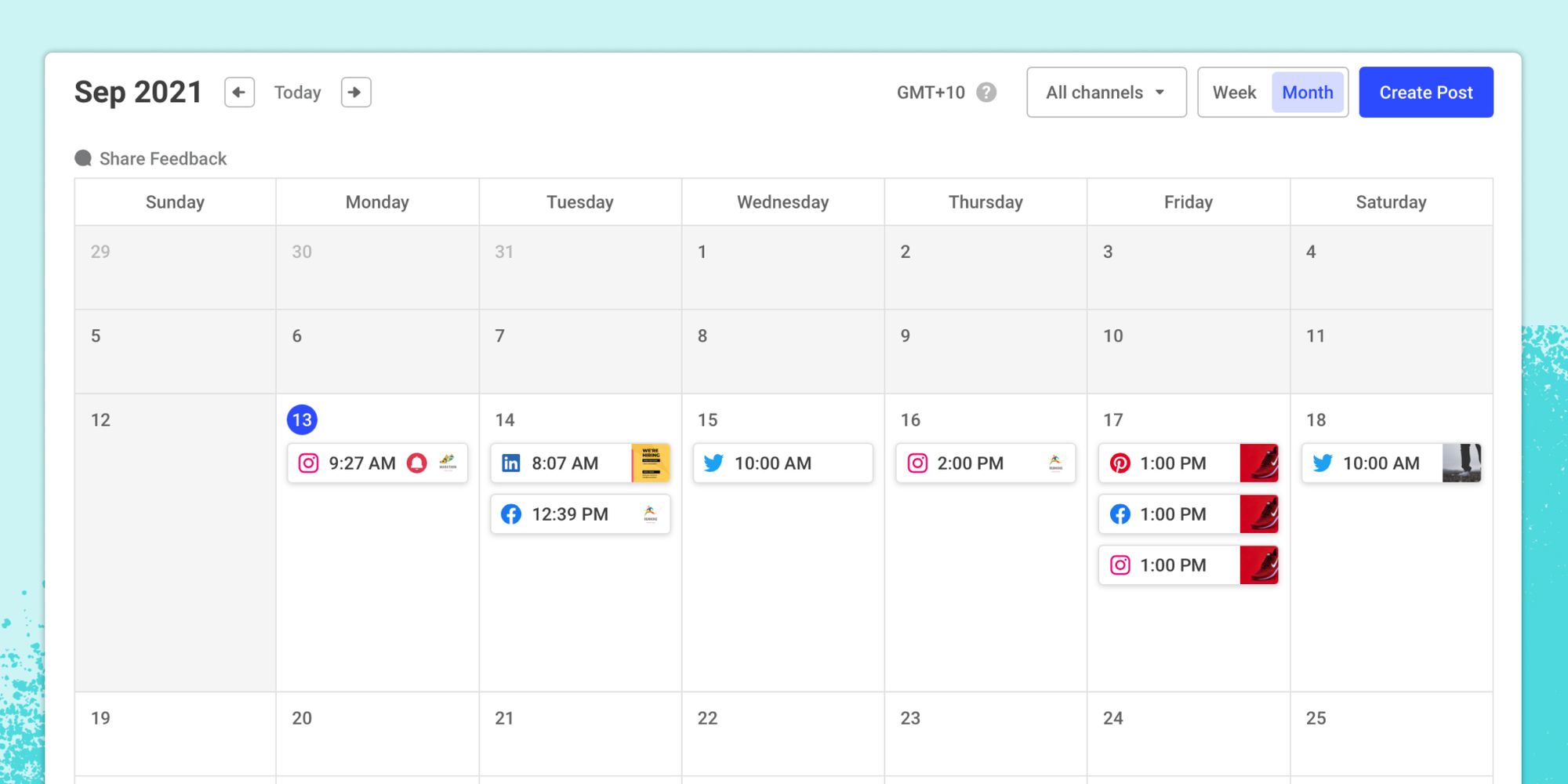 An example of a social media calendar with posts for multiple platforms