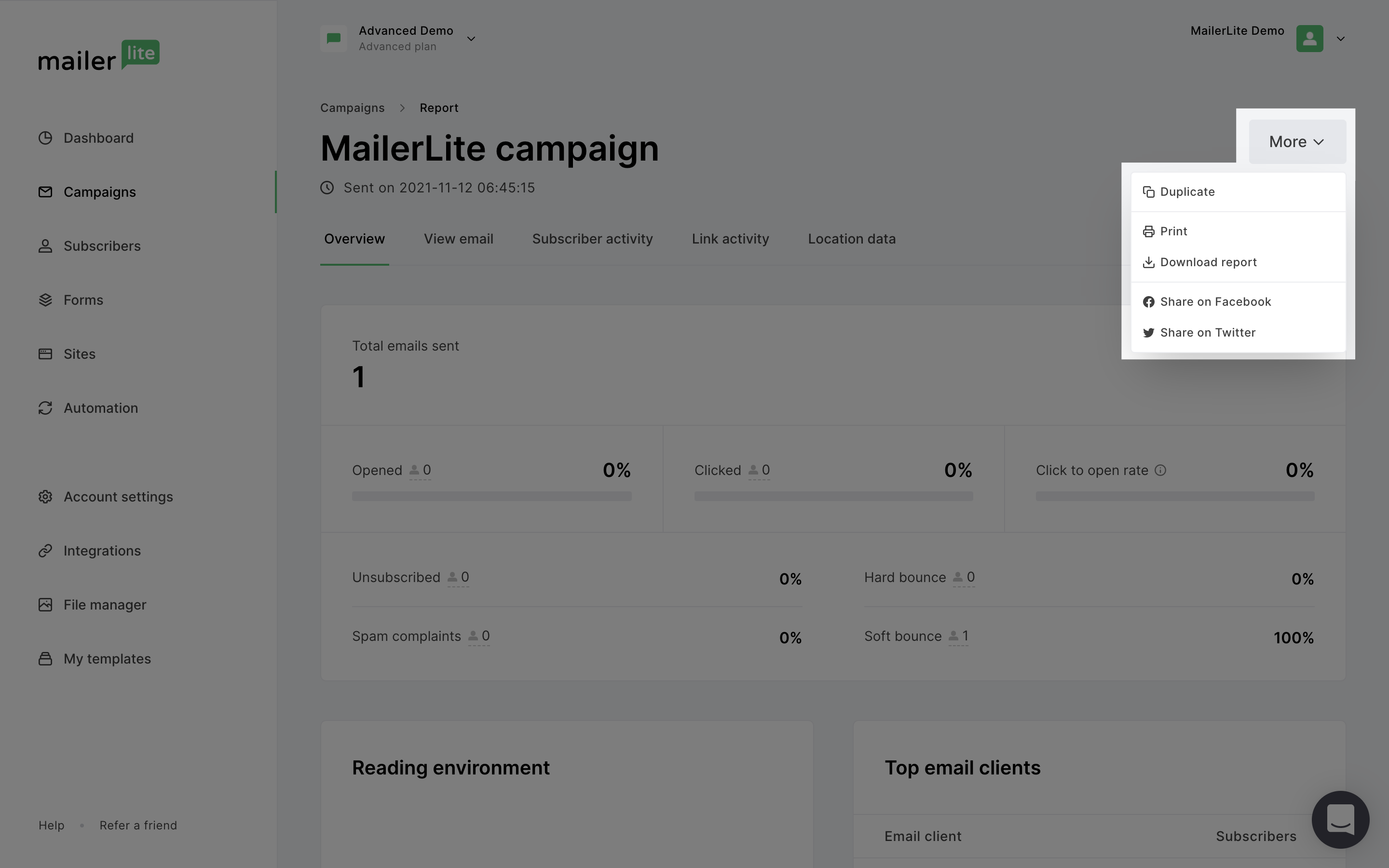 MailerLite reports dashboard