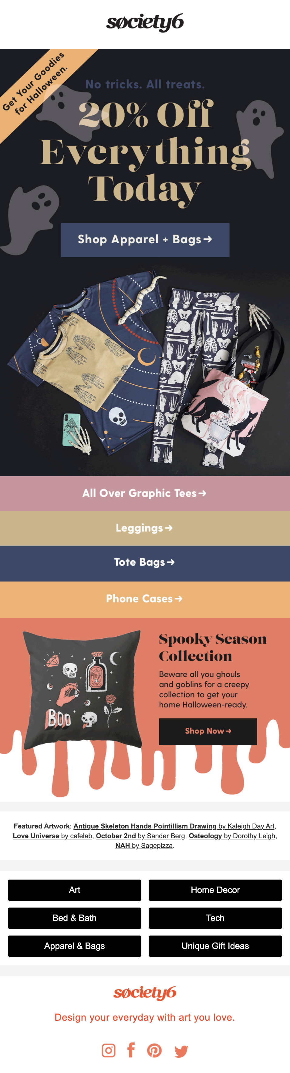 society6 halloween newsletter with ghost design and suggestions for spooky products