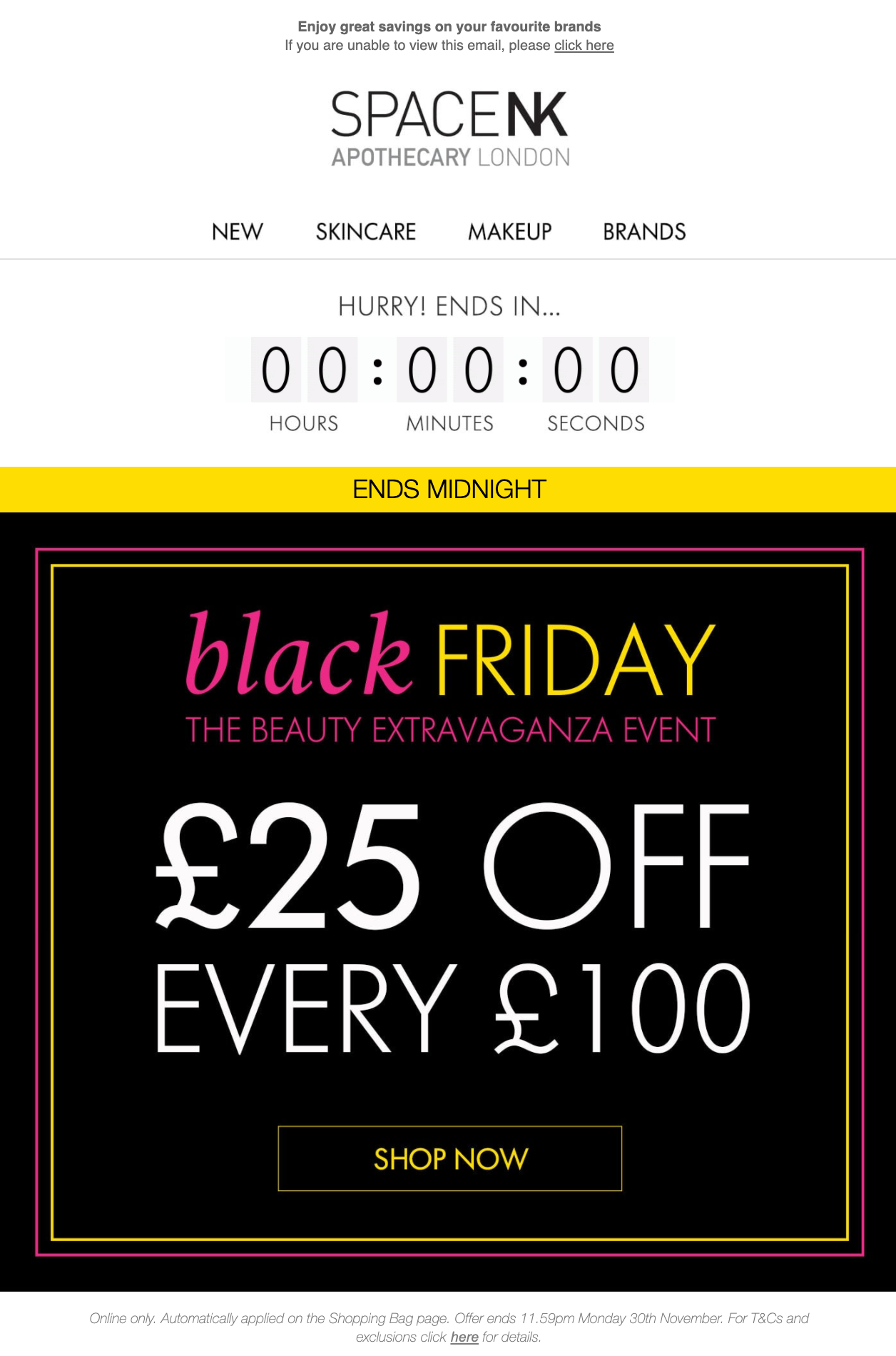 SpaceNK Black Friday email example with big headline and countdown timer