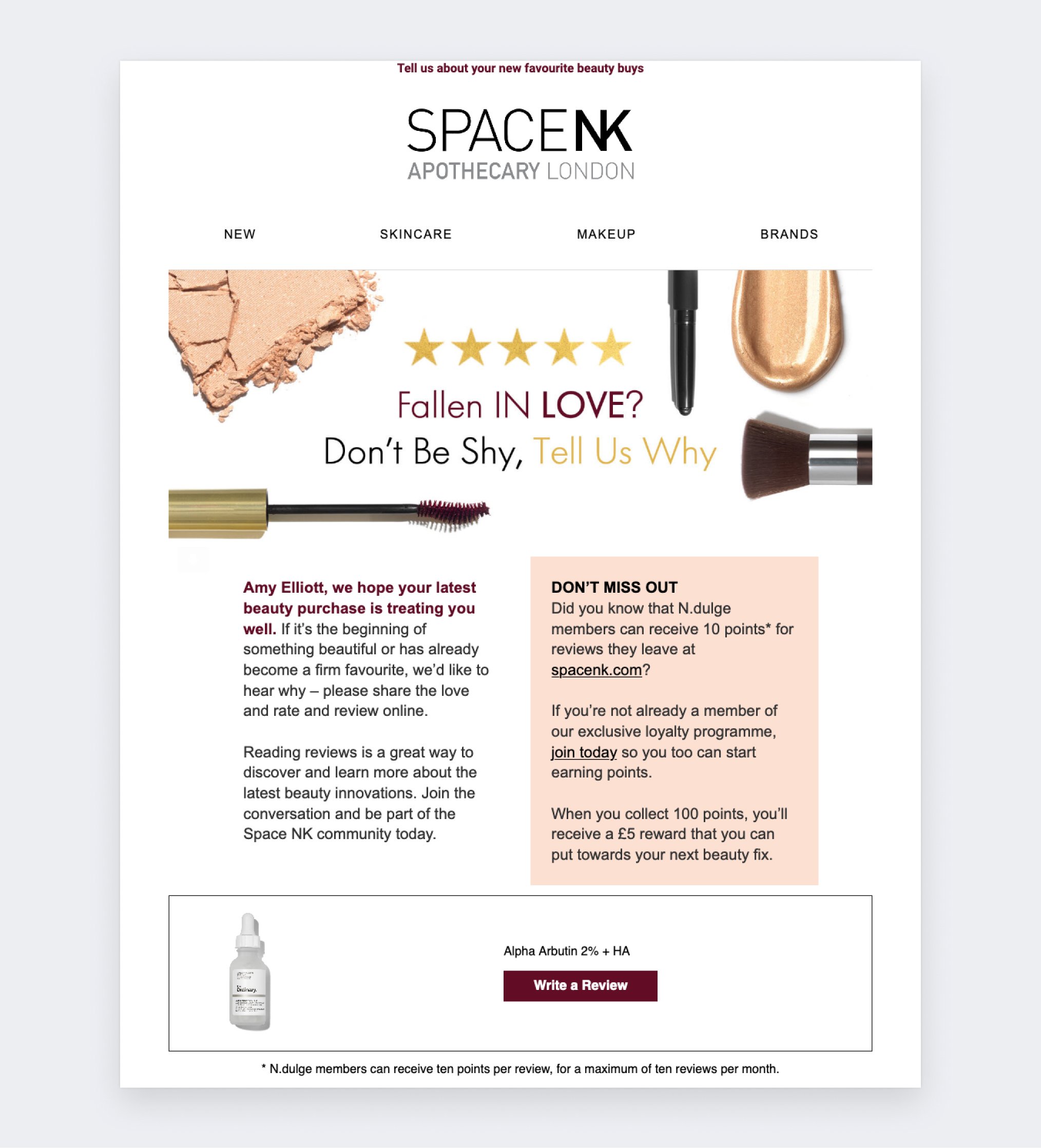 Review request example - SpaceNK - tell us why you love our makeup products