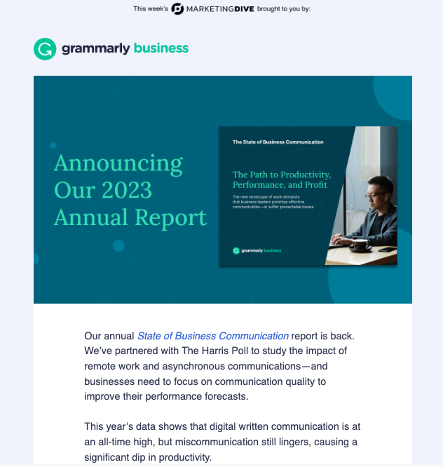 Marketing Brew promocionando un informe de Grammarly en un ejemplo de correo electrónico patrocinado