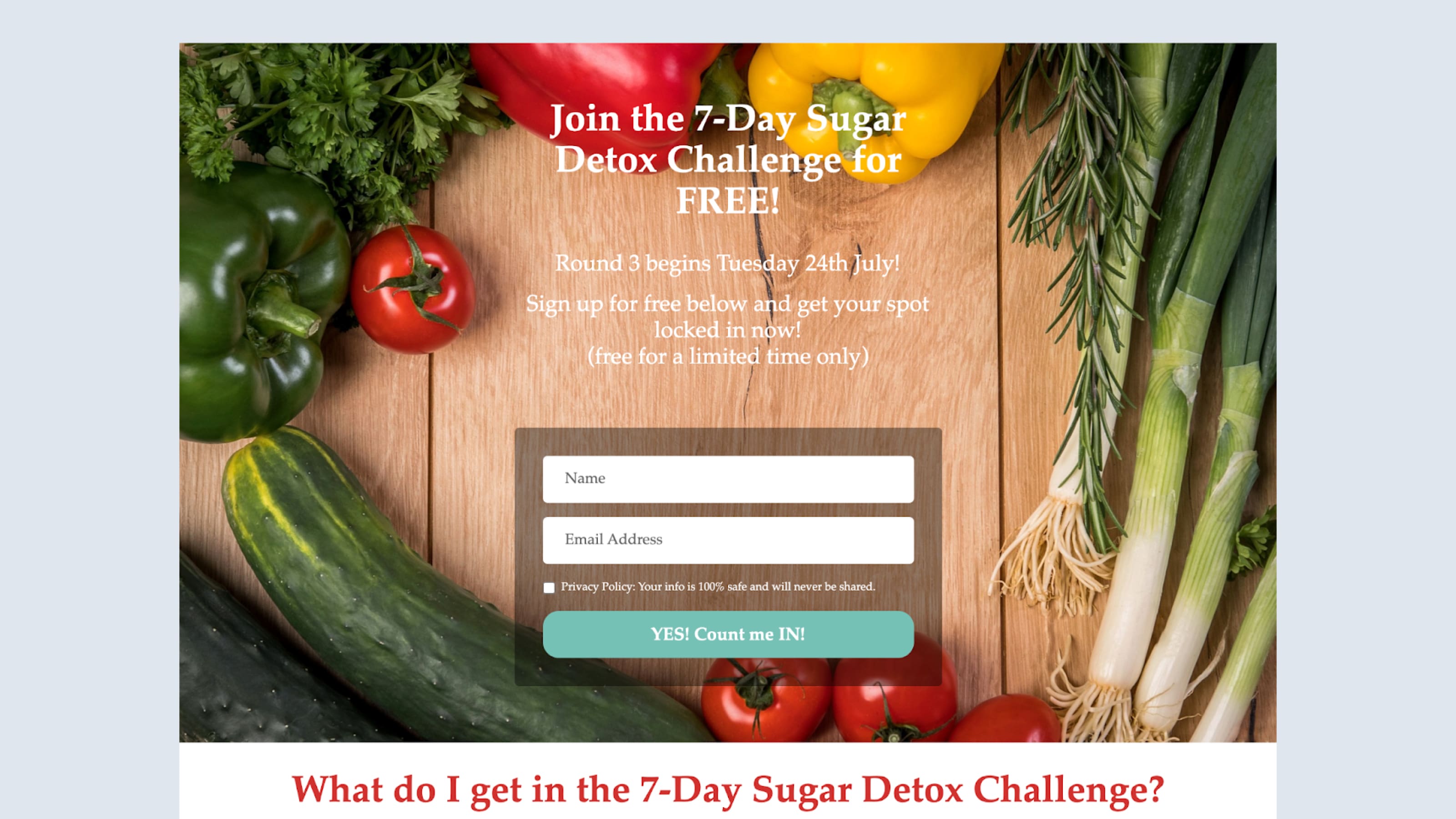 Signup form containing a free 7 day challenge