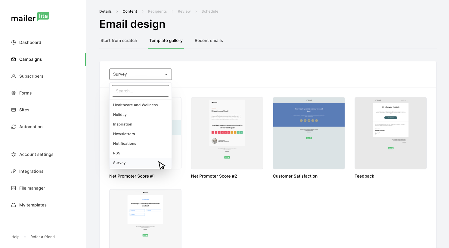 MailerLite's HTML email survey templates gallery