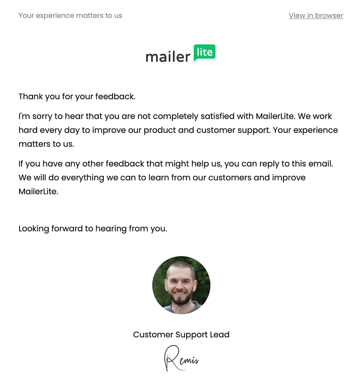 MailerLite feedback follow up email 2