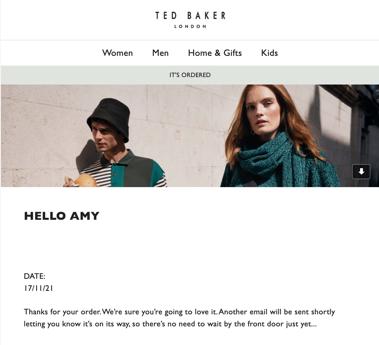 ted baker order confirmation transactional email with humorous copy