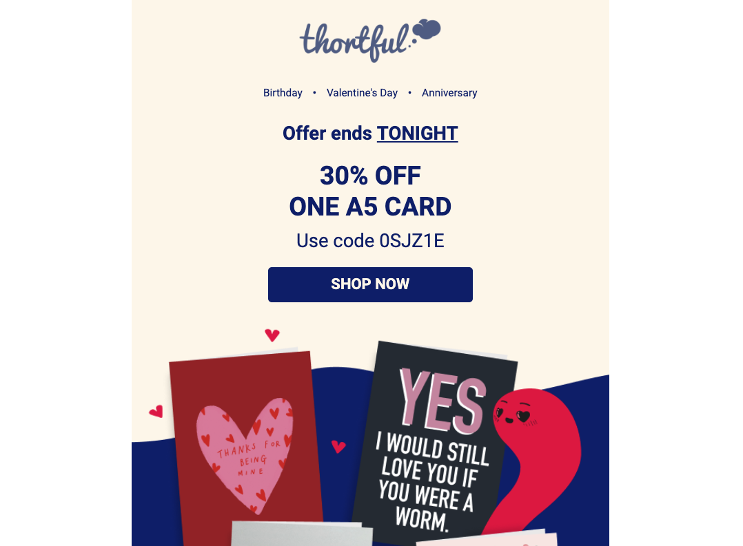 Valentine's Day shipping reminder email from Thortful
