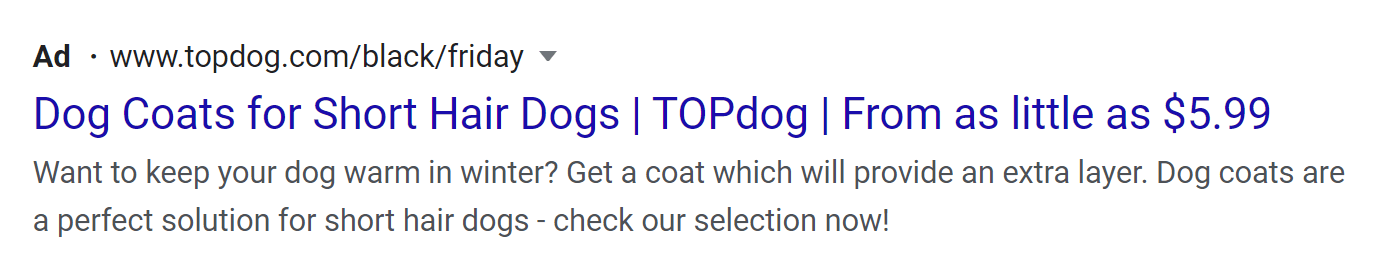 google search results ad for dog coats for short hair dogs