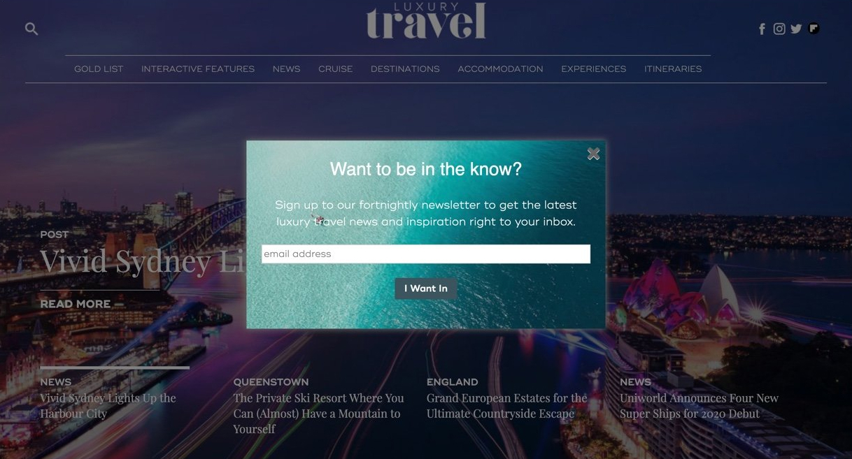 Luxury travel magazine promotion pop-up to sign up
