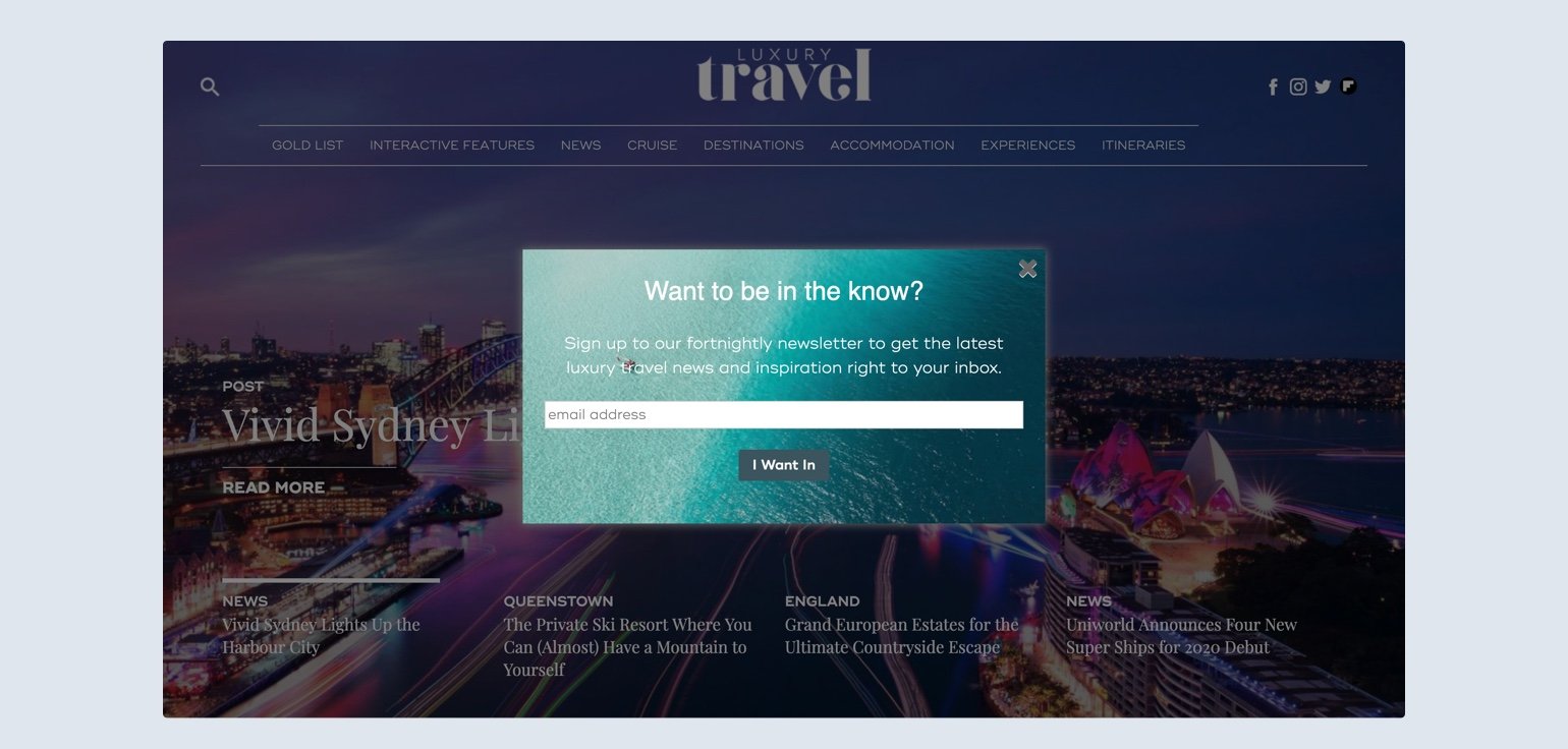 Luxury Travel Magazine pop-up example