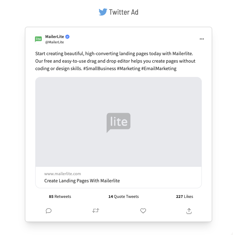 Twitter ad copy generated by Unbounce's AI