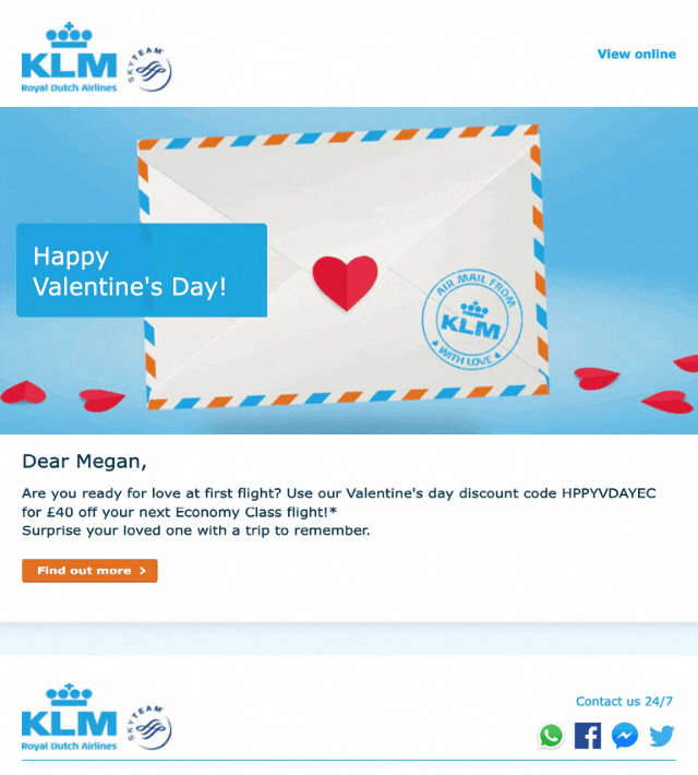 KLM Valentine's Day email coupon example