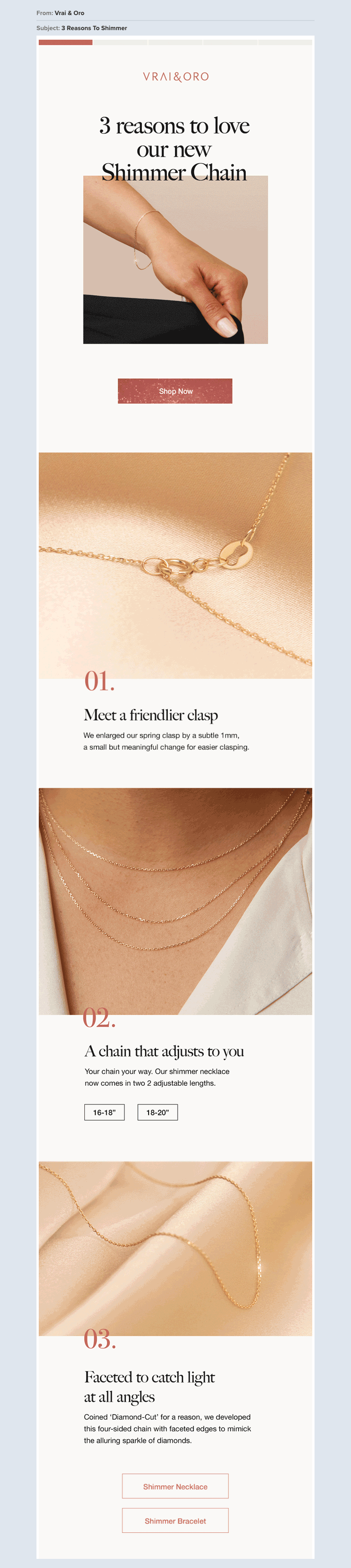 Vrai & Oro ecommerce luxury jewelry newsletter example