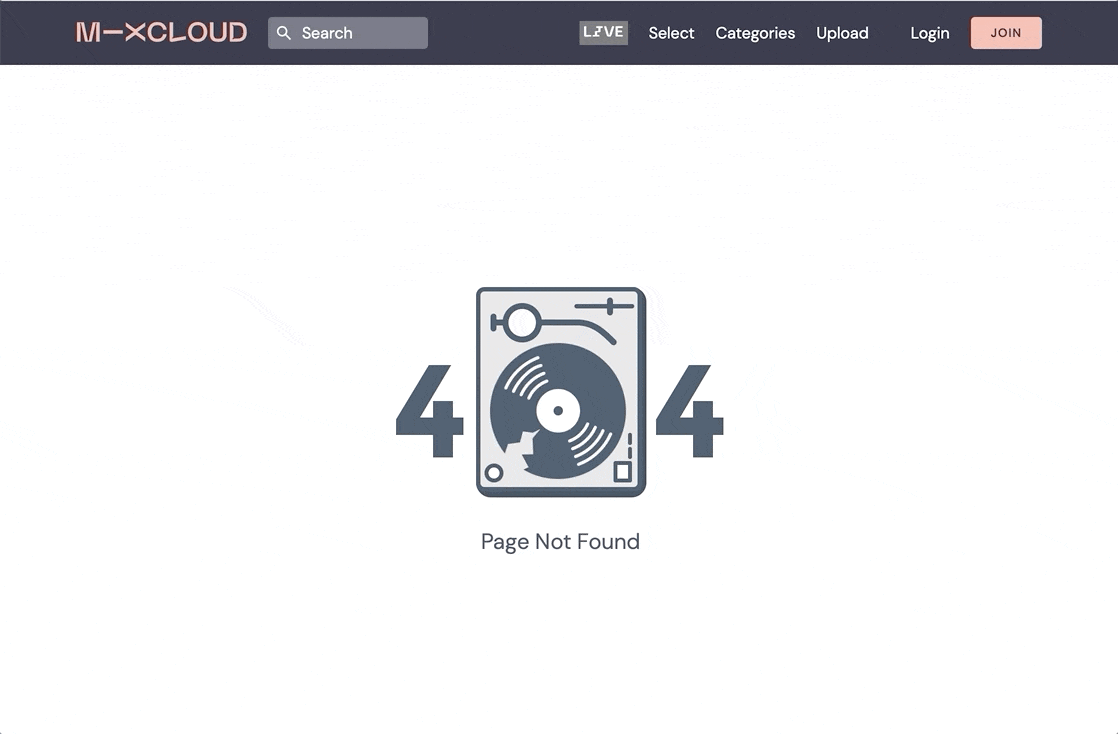 Mixcloud 404 page example GIF creative page not found