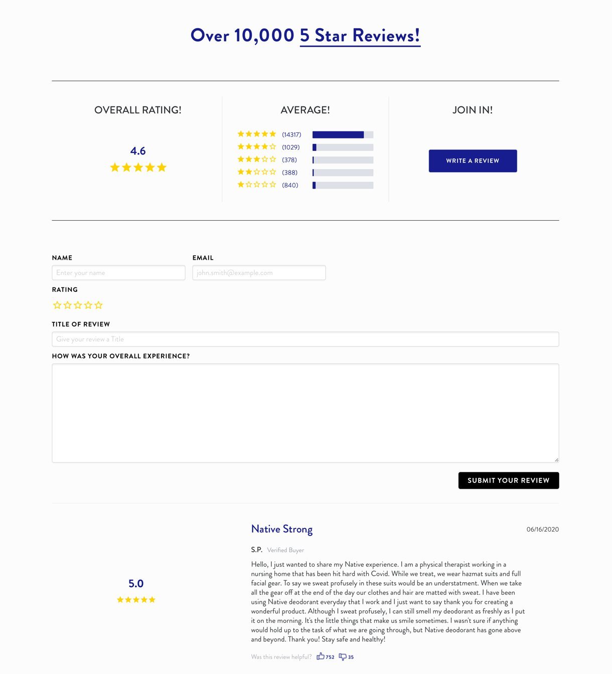 Native testimonials website page white background showing ratings stars from customer