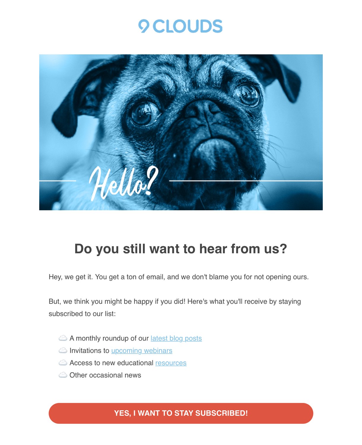 9 Clouds re-engagement email campaign example sad pug dog