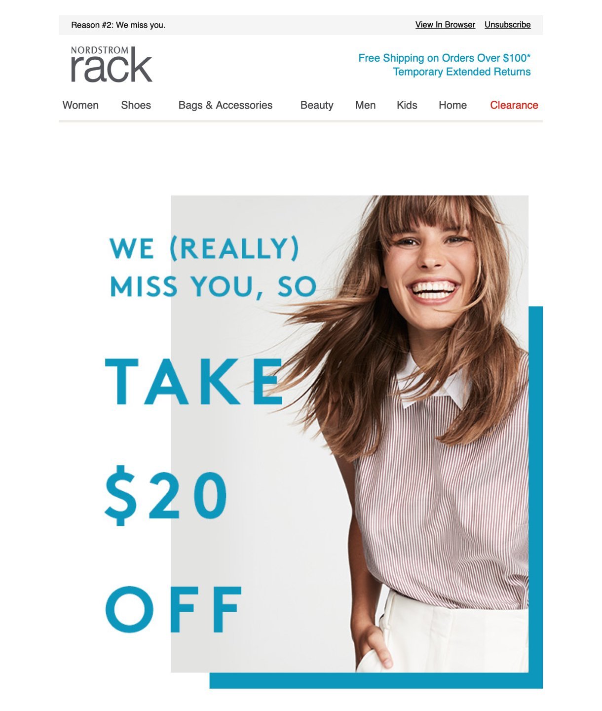 Nordstrom Rack re-engagement campaign discount offer email