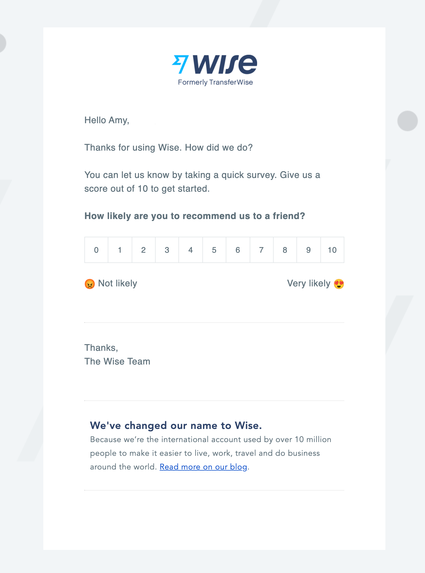 Wise interactive email example with NPS feedback scale