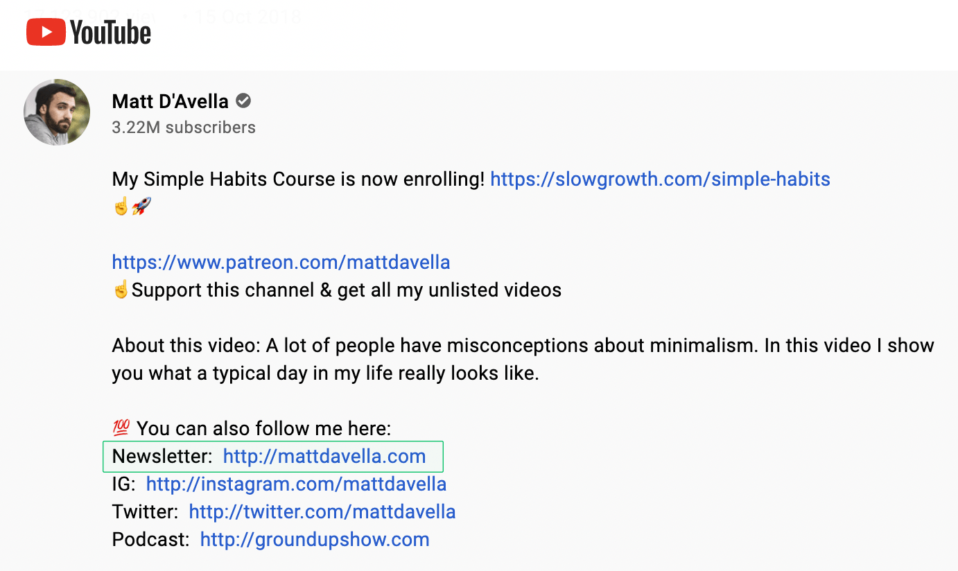 example of newsletter link in YouTube video description