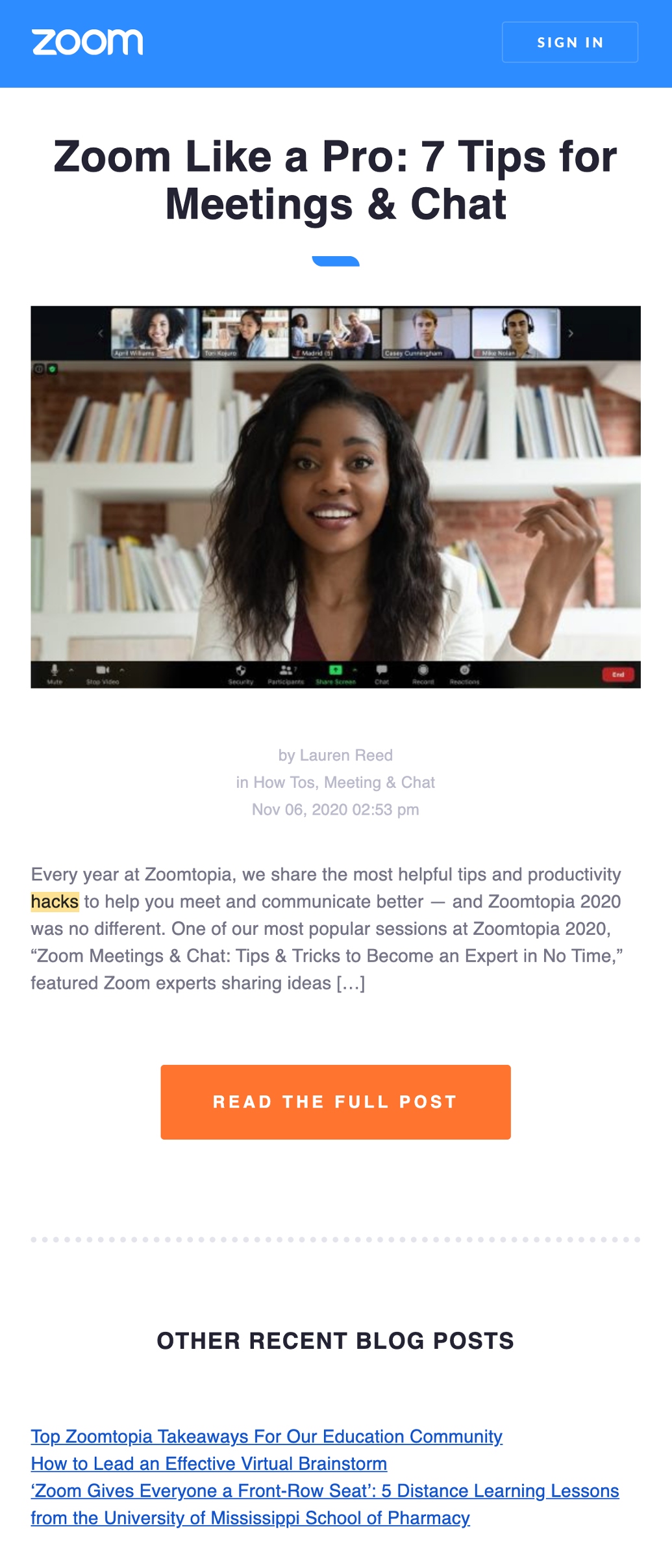 email from zoom with top 7 tips for meeting and chat