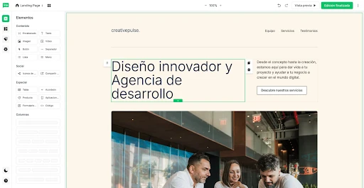 vista del editor de landing page de mailerlite