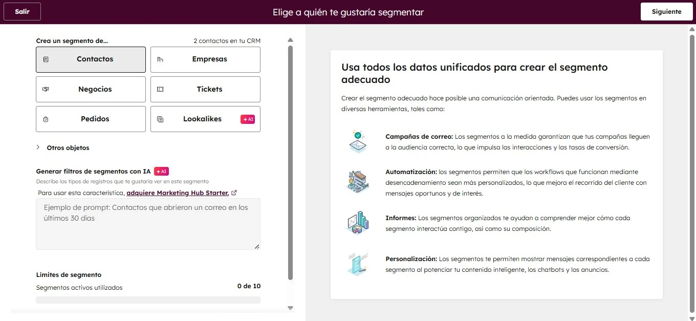 Creación de una lista en HubSpot