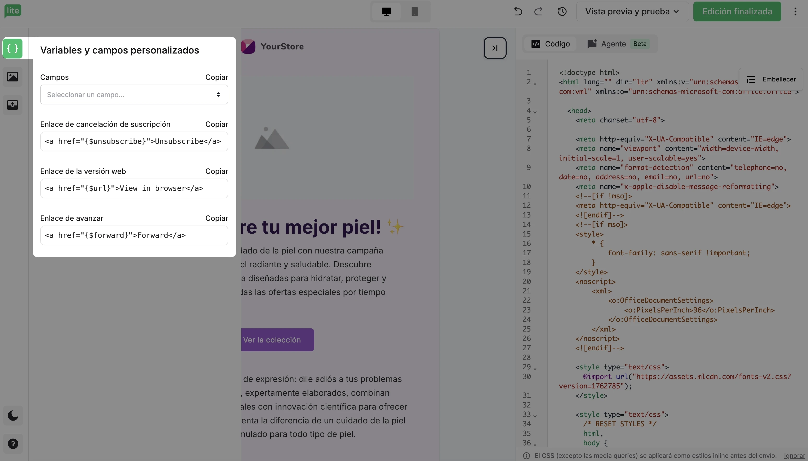 Soltando campos personalizados y variables en el constructor de HTML personalizado.