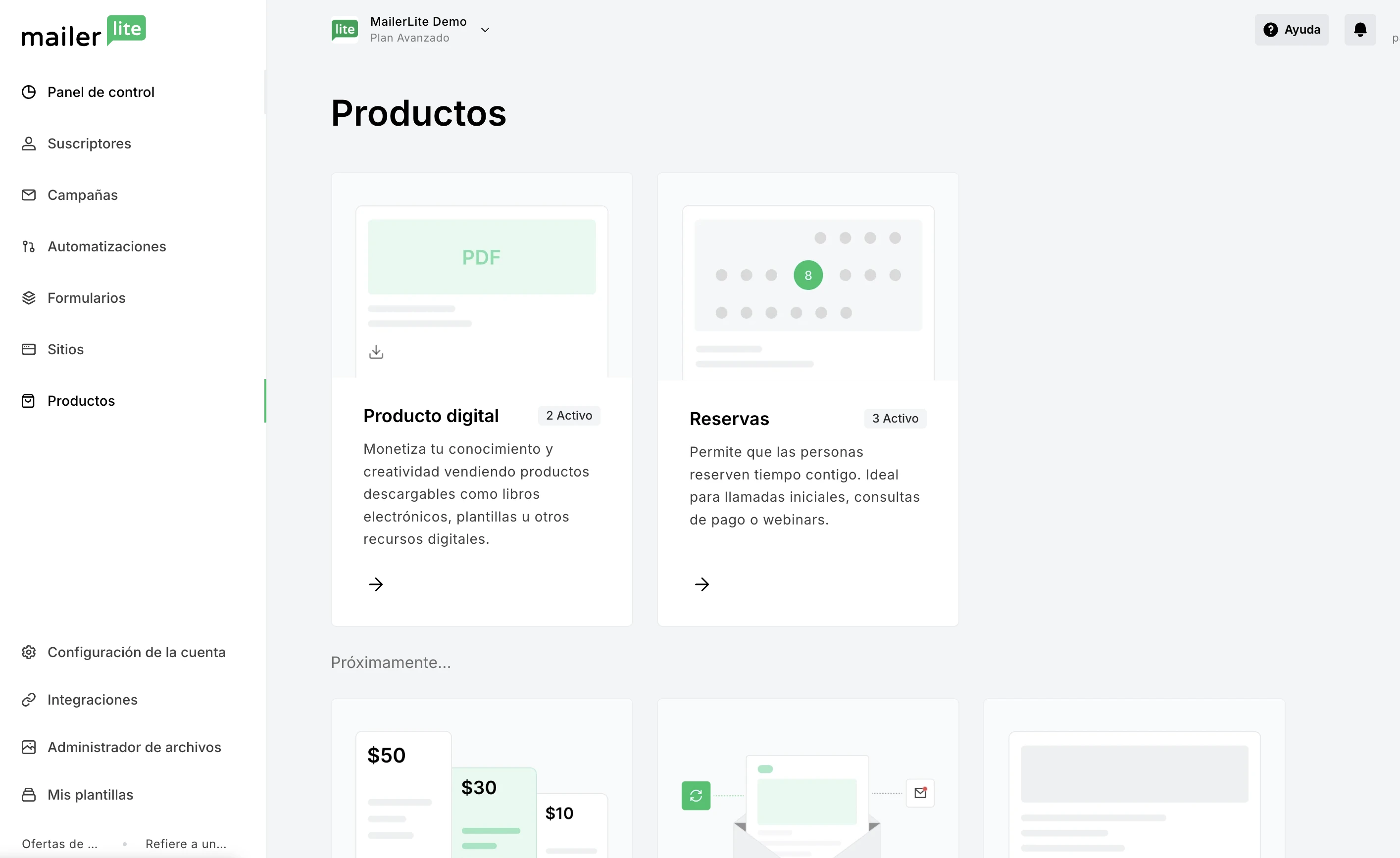 Captura de pantalla del panel de productos en MailerLite