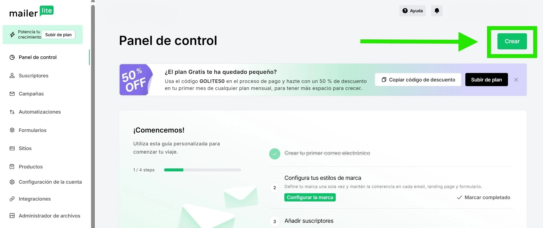 Ve al panel de control de MailerLite y selecciona “Crear”