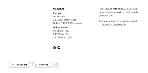 vista de sección legal en newsletter de MailerLite
