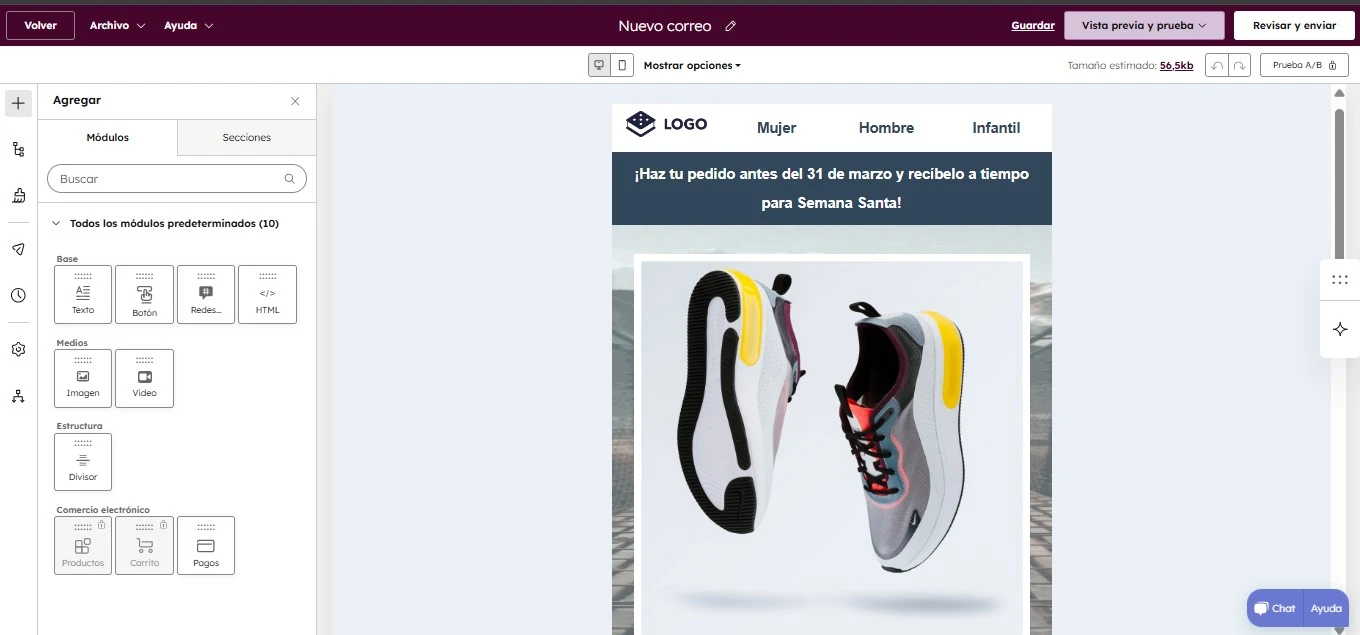 Editor de email de HubSpot