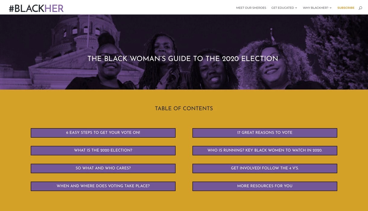 #BLACKHER course website screenshot purple beige