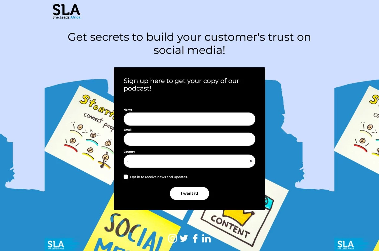 She Leads Africa podcast landing page example blue black background - MailerLite