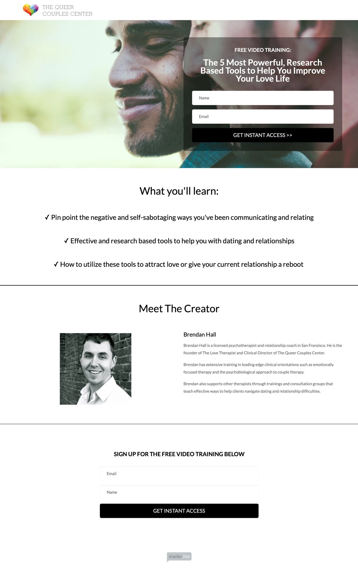 The Queer Couples Center video series landing page built with - MailerLite