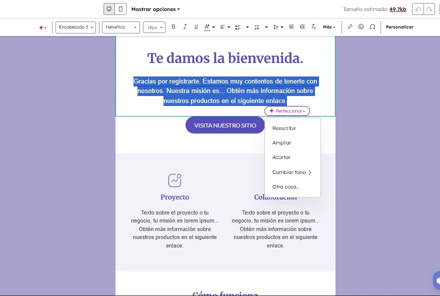 Asistencia de IA con el contenido en la plataforma de email de HubSpot