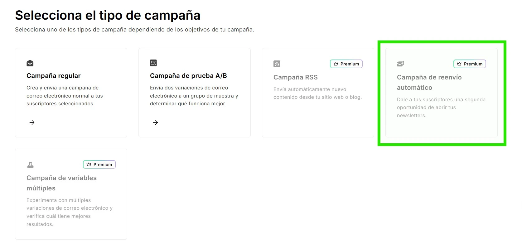 Opciones de tipo de campañas de MailerLite