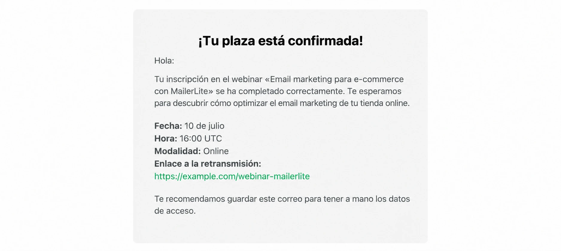 Ejemplo de confirmación de MailerLite