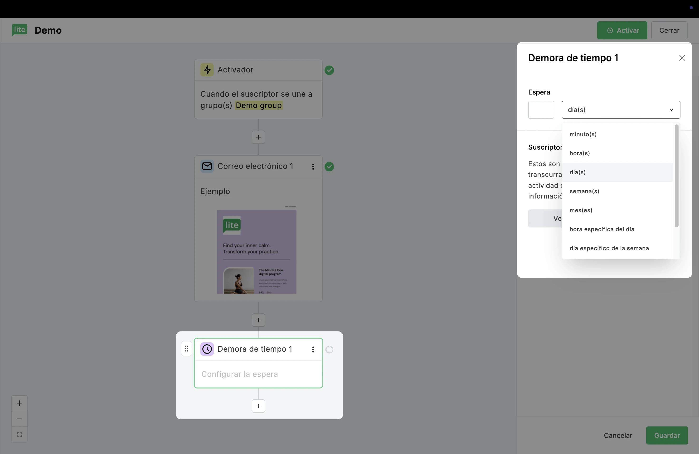 Opciones de espera de automatización MailerLite