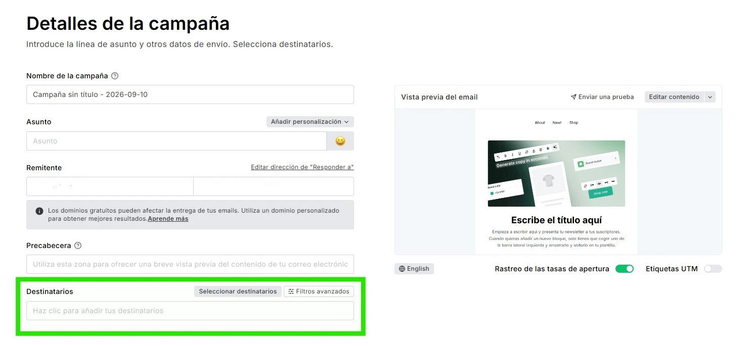 detalles de campaña en panel de control de MailerLite