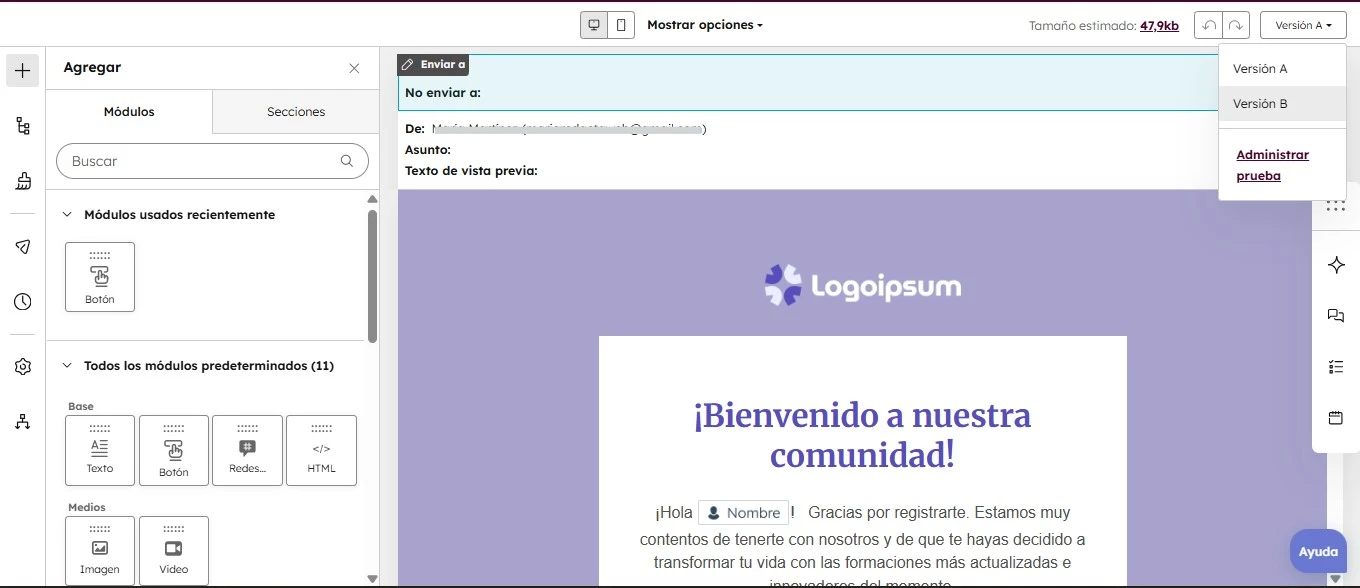 Ejemplo de prueba B de prueba A/B