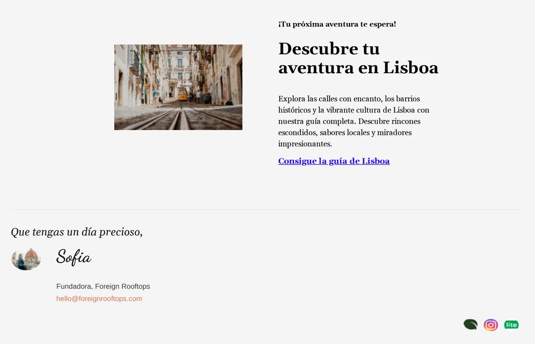 Ejemplo de despedida de email de Foreign Rooftops