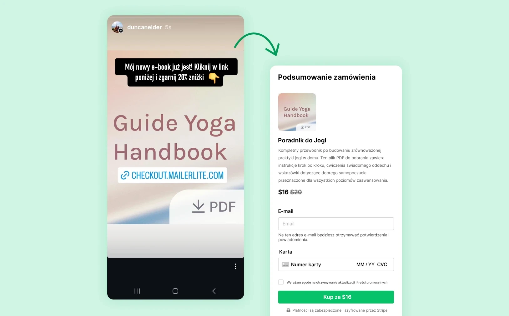 Proces sprzedaży z relacji na Instagramie do strony płatności MailerLite