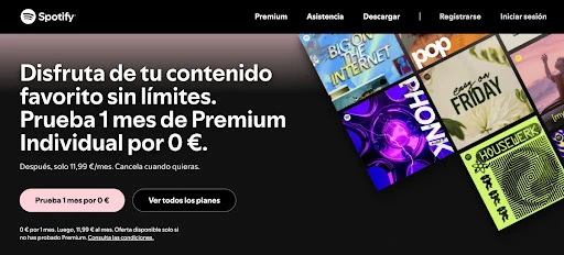 captura pantalla de pagina de inicio de Spotify