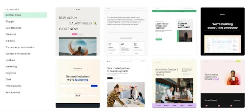 vista de la página de plantillas para landing page de mailerlite